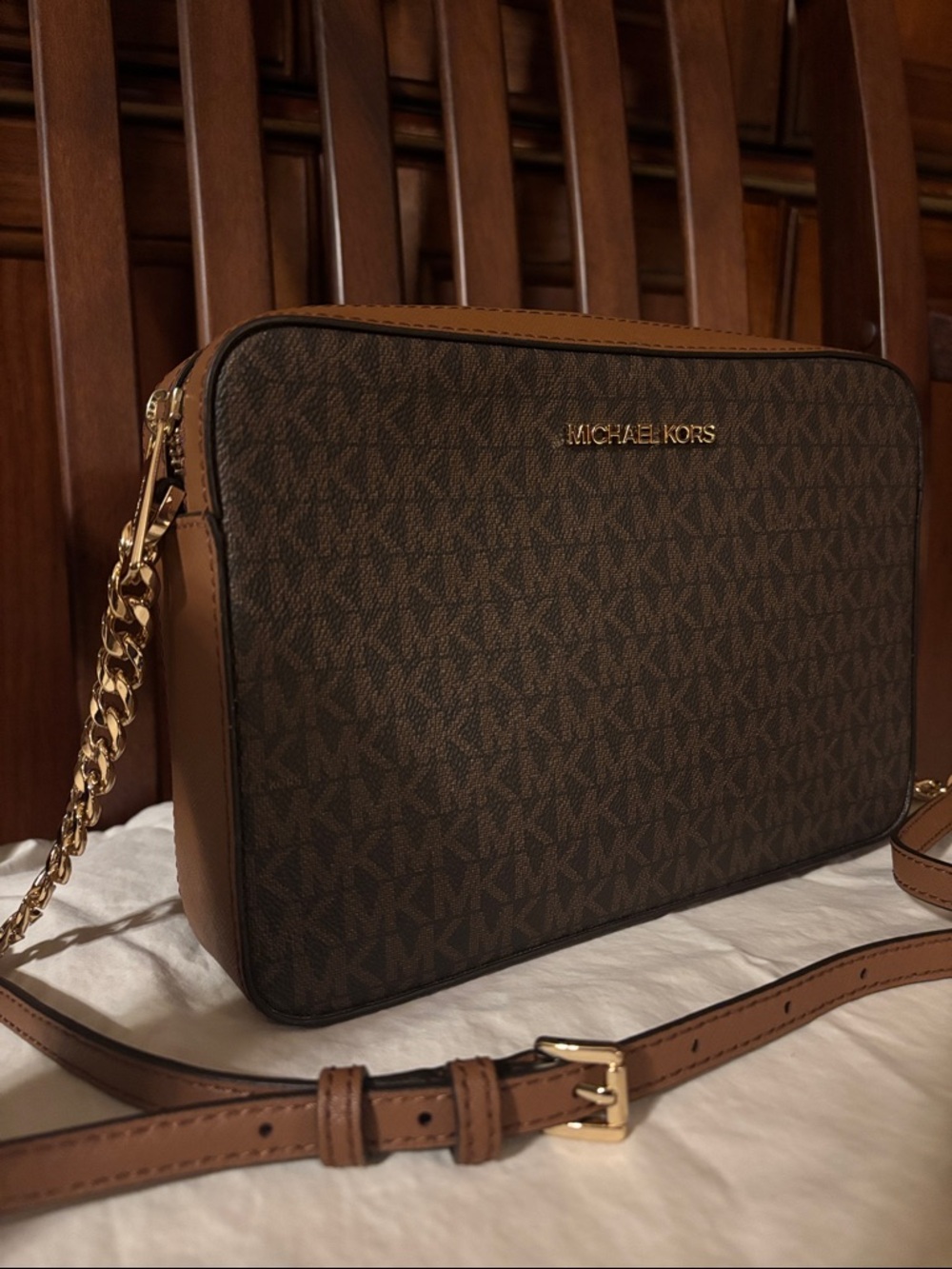 Michael Kors Brown Monogram Messenger Bag with Gold Hardware